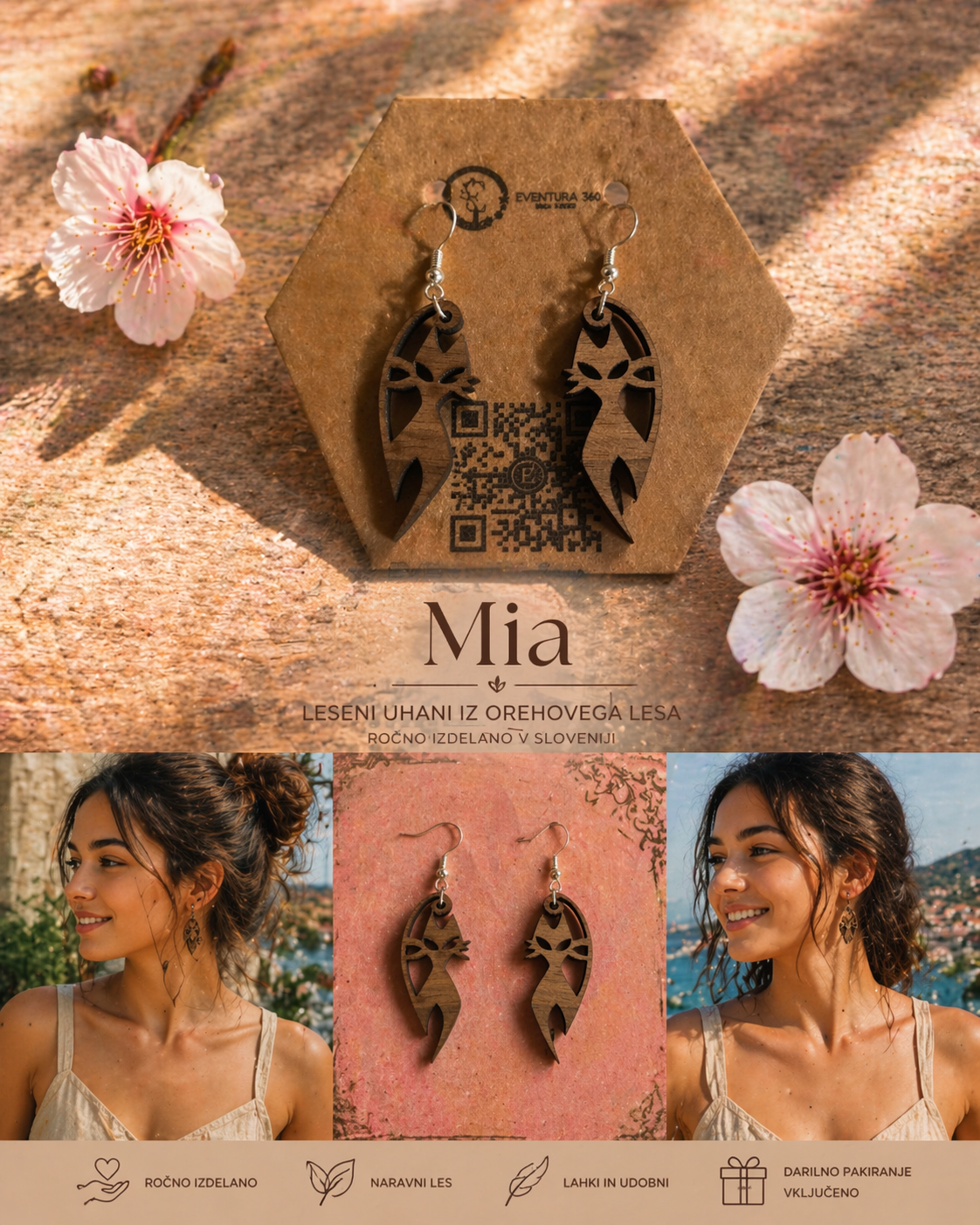 Mia-leseni uhani iz naravnega lesa
